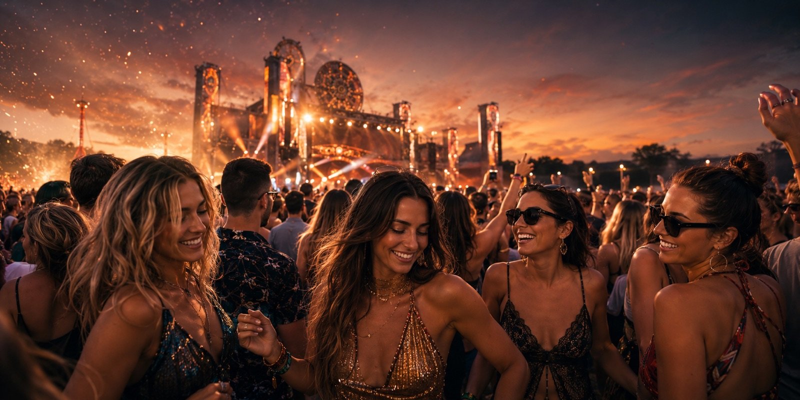 Guests dancing at dusk in front of a large illuminated festival stage